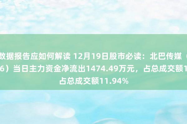 数据报告应如何解读 12月19日股市必读：北巴传媒（600386）当日主力资金净流出1474.49万元，占总成交额11.94%