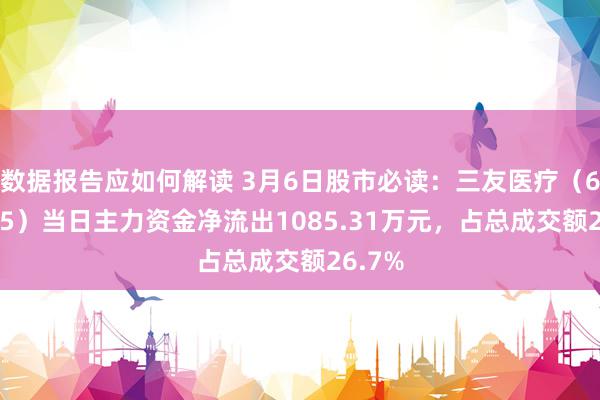 数据报告应如何解读 3月6日股市必读：三友医疗（688085）当日主力资金净流出1085.31万元，占总成交额26.7%