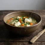 A rustic wooden table setting featuring a ceramic bowl filled with hearty fish broth, chunks of white fish, diced