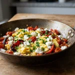 A rustic skillet on a wood table containing scrambled eggs, red peppers, tomatoes, white cheese, and parsley. A mug is