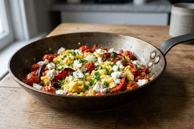 A rustic skillet on a wood table containing scrambled eggs, red peppers, tomatoes, white cheese, and parsley. A mug is
