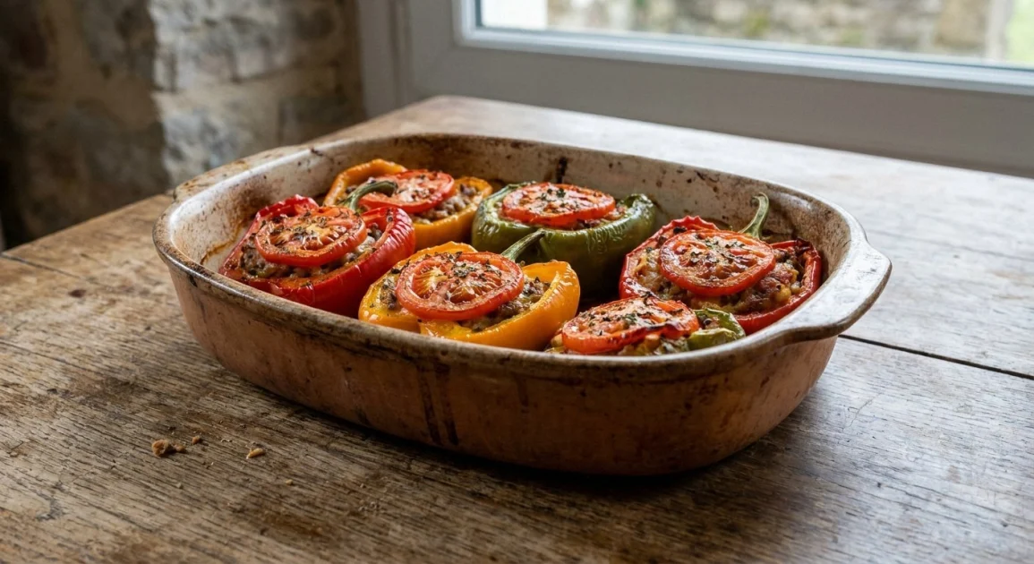 A rustic ceramic baking dish filled with freshly baked stuffed bell peppers topped with tomato slices, resting on a