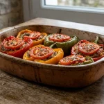 A rustic ceramic baking dish filled with freshly baked stuffed bell peppers topped with tomato slices, resting on a