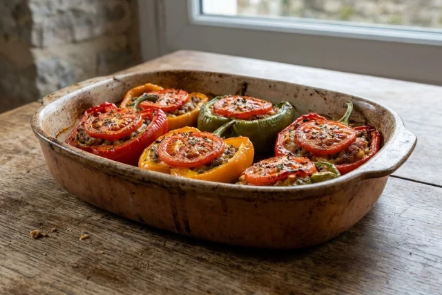 A rustic ceramic baking dish filled with freshly baked stuffed bell peppers topped with tomato slices, resting on a